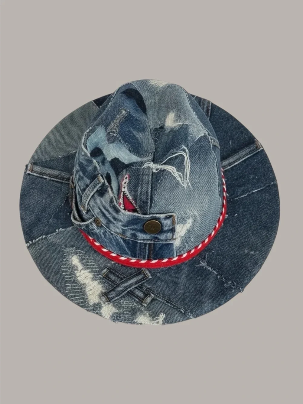 Kids Distressed Denim Fedora Hat with Red Trim